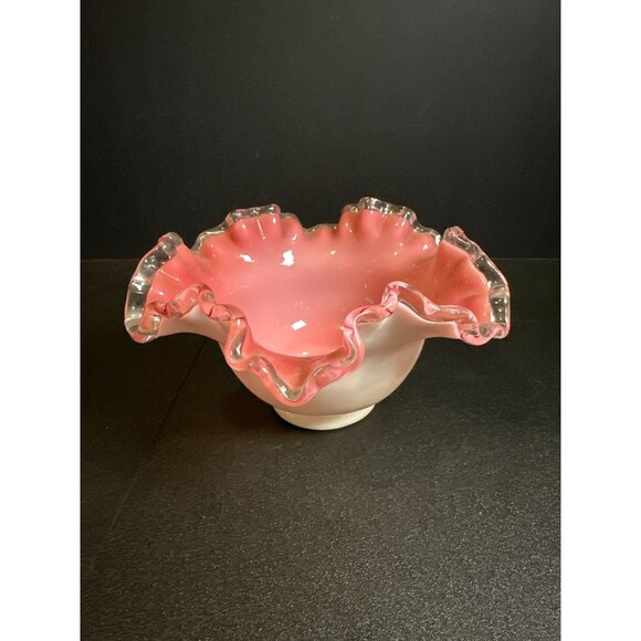 Vintage Pink Opalescent Ruffled Edge Art Glass Bowl Vase 6.75" x 3.5" - Picture 1 of 8